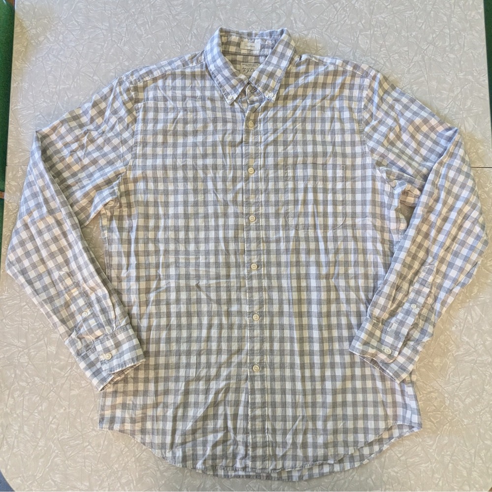 J.Crew Mens Secret Wash Organic Cotton Gingham Shirt Grey White Classic Fit M